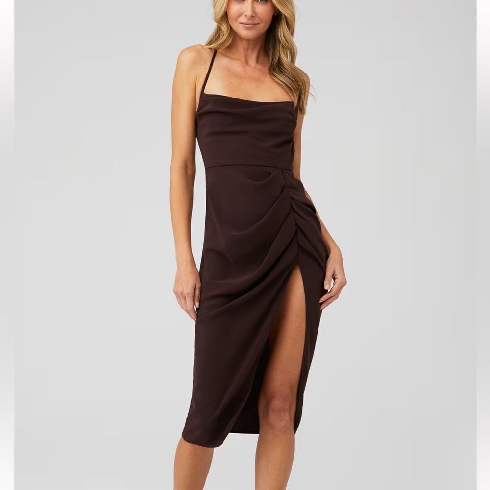 Amanda Uprichard Jasalina Brown Asymmetrical Ruched Midi Dress strappy Revolve L